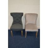 A MODERN CHARCOAL UPHOLSTERED CHAIR, with a winged back, together with a buttoned back velvet