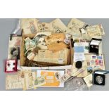A SELECTION OF ITEMS, to include a modern silver stamp box with two stamps to the lid, opens to