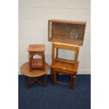 A 1980'S TEAK NEST OF THREE TABLES, an oak formica topped stool, a teak circular occasional table, a