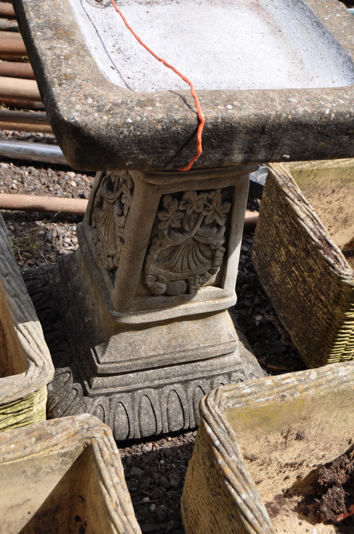 A SQUARE SECTION COMPOSITE GARDEN BIRD BATH, with foliate detail to base, 36cm square, 53cm high and - Image 3 of 6