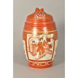 A JAPANESE KUTANI JAR AND COVER OF BARREL FORM, fruit finial, the jar decorated with panels of