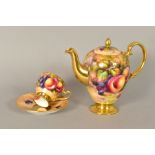 F.R.BUDD, (formerly of Royal Worcester) fruit painted coffee pot, coffee cup and saucer, gilt