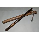 A MOUNTED POLICE TRUNCHEON, marked with crown and Staffordshire knot decals, leather wrist step to