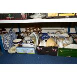 FIVE BOXES AND LOOSE CERAMICS etc, to include a large blue and white pattern meat platter, Ridgway