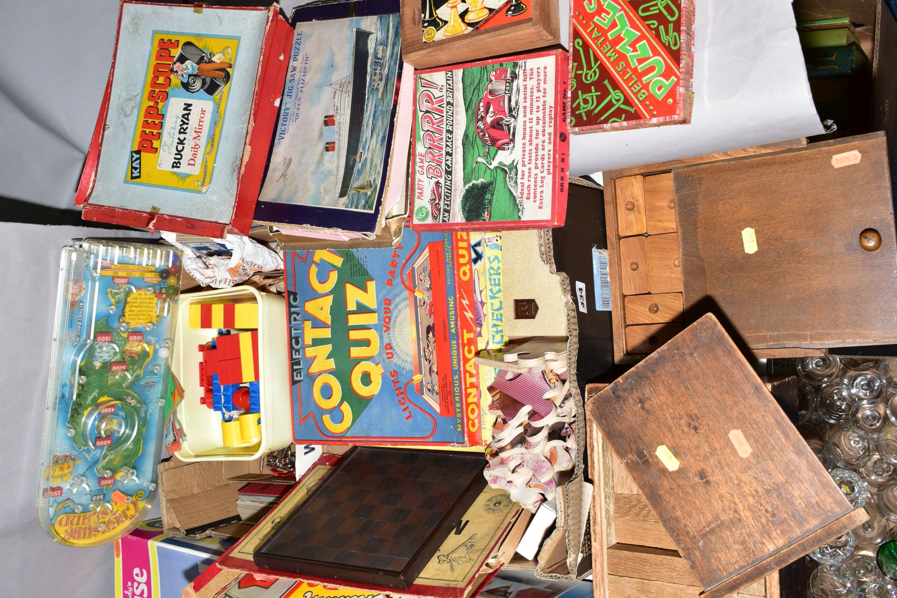 A QUANTITY OF VINTAGE TOYS AND GAMES, to include boxed PGP 'BRRRR' car racing game, Marx 'Treasure