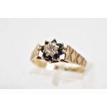 A 9CT GOLD CLUSTER RING, the tiered cluster set with a single cut diamond and circular cut
