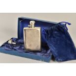 A BOXED CARR'S OF SHEFFIELD SILVER HIP FLASK AND FUNNEL, the flask with bayonet cap, stamped 925,