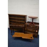 A VICTORIAN PINE SIDE TABLE, with a single drawer, together with a formica and oak chest of three