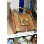 A WOODEN COAL SCUTTLE WITH BRASS HANDLES AND FITTINGS, approximate height 30cm x width 32cm x
