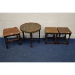 A 19TH CENTURY CARVED OAK STOOL, previously a hall chair, together with a folding brass topped