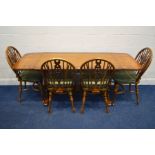 A REPRODUCTION OAK DROP LEAF DINING TABLE, open length 194cm x closed length 124cm x depth 76cm x