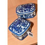 A RECTANGULAR CHINESE TRINKET POT AND COVER, decorated with blue animal, approximate length 10cm x