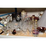 A GROUP OF GLASSWARE, including a Swarovski type branch of birds, nine Babycham glasses, cut glass