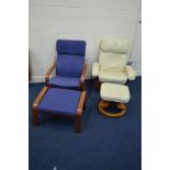 A CREAM LEATHER SWIVEL CHAIR and footstool together with another armchair and footstool (4)