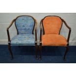 A PAIR OF EDWARDIAN MAHOGANY ARMCHAIRS on cabriole front legs, with non matching upholstery