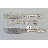 A SILVER FISH SERVING SET AND ONE OTHER SILVER FISH KNIFE, the set with an embossed foliate