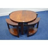 A 1970'S HARDWOOD CIRCULAR COFFEE TABLE, diameter 78cm x height 47cm and a set of four corner tables