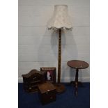 A GEORGIAN MAHOGANY LIDDED BOX, together with an oak bobbin turned standard lamp with shade, oak