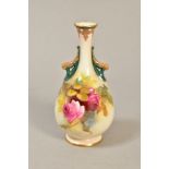 A SMALL ROYAL WORCESTER HADLEYS BUD VASE, H288, hand painted roses on ivory ground, pierced