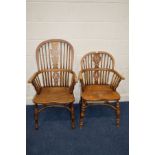A PAIR OF 20TH CENTURY YEW WOOD AND OAK LADIES AND GENTS WINDSOR ARMCHAIRS, the hoop back with