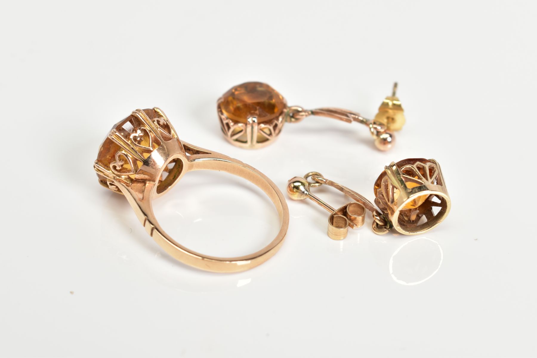 A PAIR OF DROP EARRINGS AND A RING, each drop earring set with a circular cut citrine interspaced - Image 3 of 4