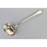 A VICTORIAN SILVER SOUP LADLE, of plain design with a feathered detail to the handle with an