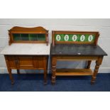 AN EDWARDIAN PINE SLATE TOPPED WASHSTAND with tile back, width 91cm x depth 46cm x height 98cm,