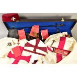 A CASE CONTAINING KNIGHTS TEMPUR REGALIA, including robes, hat , belt, medallions, sword, sash,