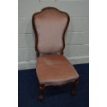 A VICTORIAN WALNUT PINK UPHOLSTERED CHAIR on scrolled front legs