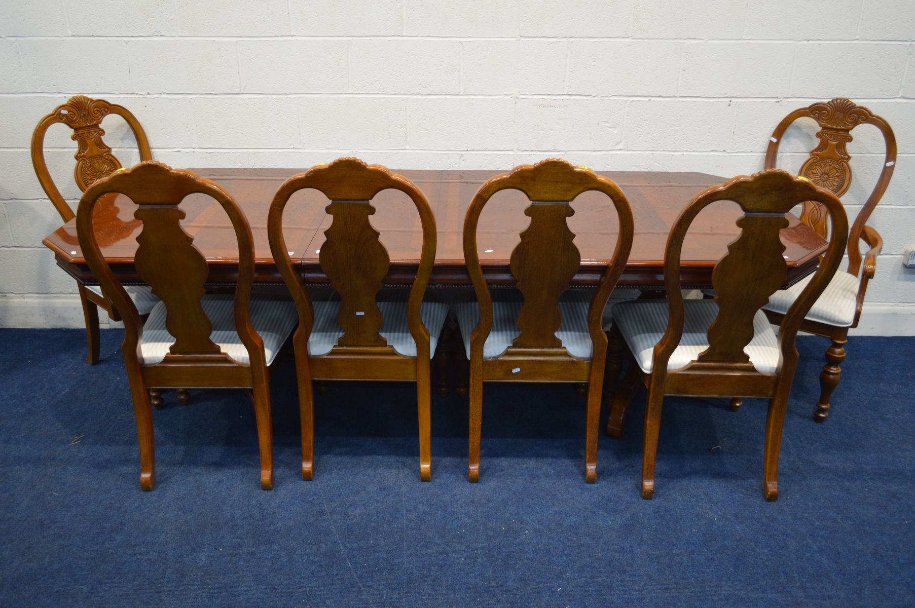 A MODERN CHERRYWOOD ITALIAN EXTENDING TWIN PEDESTAL DINING TABLE, canted corners, two additional