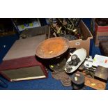 LOOSE SCALES AND ASSORTED WEIGHTS, BOX OF METALWARES, a McMichael Twin 4 record player, distressed