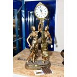 A WM WIDDOP QUARTZ PENDULUM CLOCK, supported by a scantily dressed girls, height including plinth