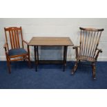 AN EARLY TO MID 20TH CENTURY OAK SINGLE GATE LEG TABLE, oak carver chair and a mahogany rocking