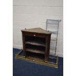 A GEORGIAN OAK OPEN HANGING CORNER CUPBOARD, (s.d), together with an extending brass fender and