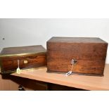 AN OAK STATIONERY BOX, approximate height 18.5cm x width 31cm x depth 18.5cm, with a brass bound