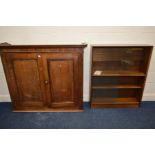 A GEORGIAN PANELLED OAK DOUBLE DOOR BOOKCASE TOP, width 132cm x depth 38cm x height 116cm together