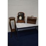 AN OAK CASED SINGER SEWING MACHINE together with a Victorian toilet mirror and an oak torchere stand