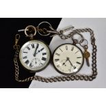 TWO SILVER POCKET WATCHES AND AN ALBERT CHAIN WITH KEYS, the first an open faced pocket watch, white