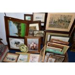 A BOX AND LOOSE ASSORTED PAINTINGS AND PRINTS etc to include Eduard Heller watercolour of a Hunter