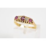 A DIAMOND AND RUBY BOAT RING, the yellow metal boat ring set with three circular cut rubies