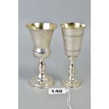 TWO SMALL SILVER GOBLETS, one of plain design with a thistle shape, hallmarked London 1968, the