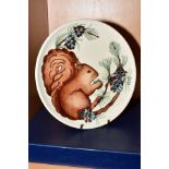 A BOXED MOORCROFT POTTERY LIMITED EDITION 494/500 1995 YEAR PLATE, squirrel pattern, approximate