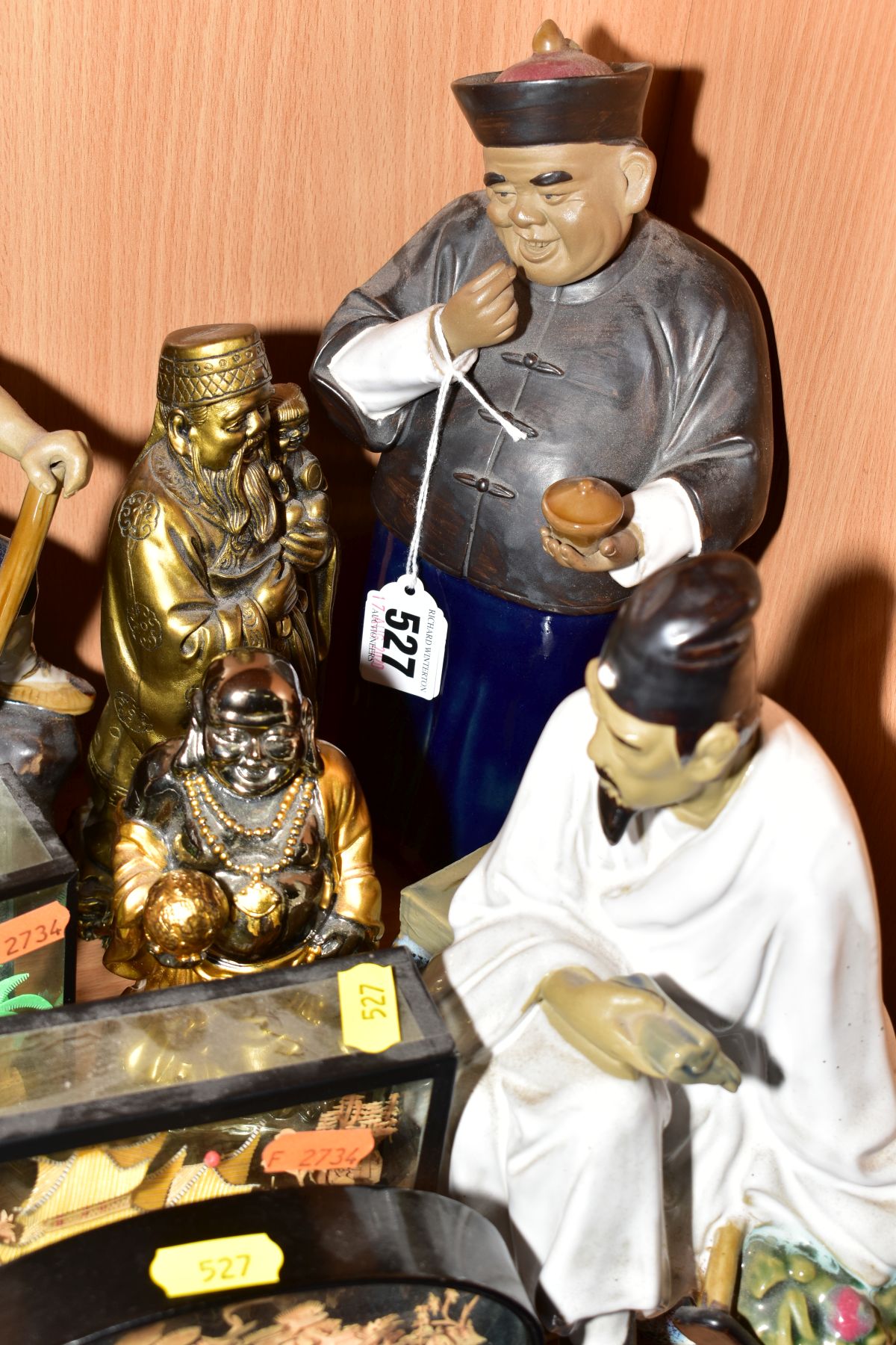 A GROUP OF JAPANESE CERAMIC FIGURES, including two seated scholars, a seated scribe, man with axe, - Image 3 of 4