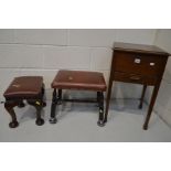 AN OAK SEWING BOX, with a single drawer, an oak footstool and another stool (3)