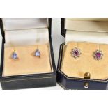 TWO PAIRS OF GEM SET EARRINGS, the first pair yellow metal cluster design set with a central