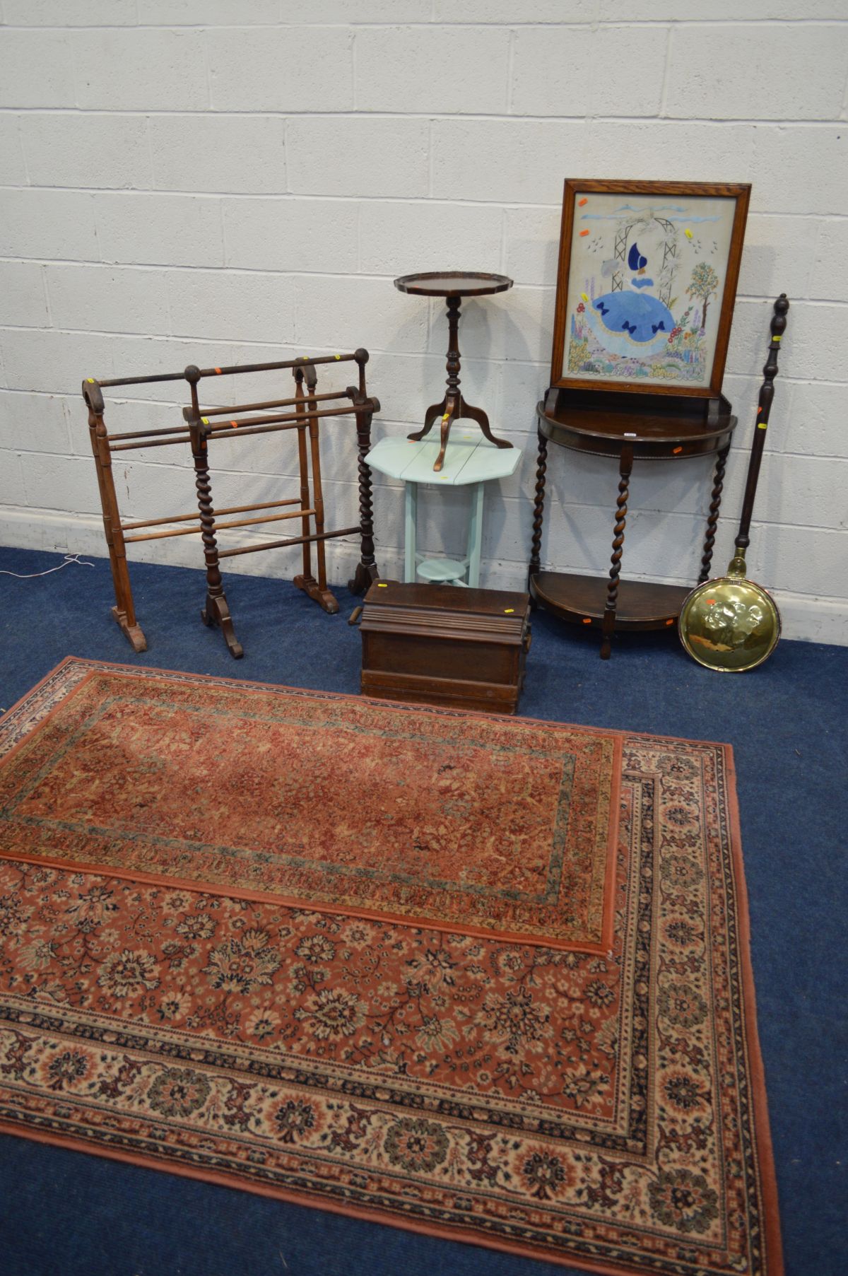 A QUANTITY OF OCCASIONAL FURNITURE, to include an oak barley twist demi lune table, Victorian barley