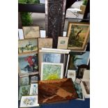 PICTURES AND PRINTS etc to include a watercolour still life of ceramics and a fan, carved oak
