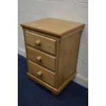 A VICTORIAN PINE CHEST OF THREE DRAWERS, width 54cm x depth 48cm x height 85cm (alterations)
