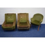 A PAIR OF 1950'S ARMCHAIRS, with swept armrests on ebonised cylindrical tapering legs together