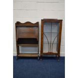 A SLIM EARLY TO MID 20TH CENTURY OAK FALL FRONT BUREAU together with a 1930's walnut single door